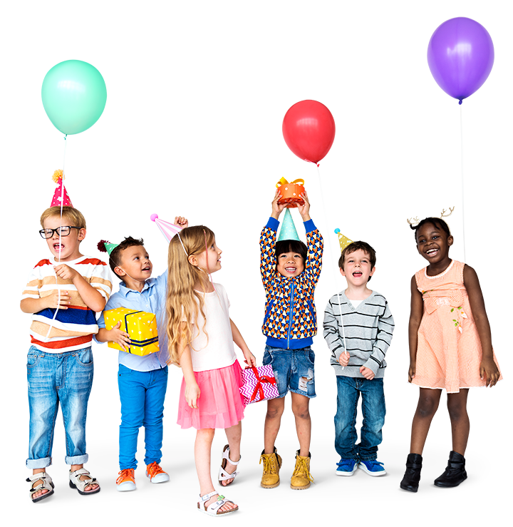 A joyful group of six kids in party hats with gifts and balloons on a transparent background.
