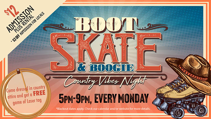 Flyer for "Boot Skate & Boogie: Country Vibes Night" with details on admission, discounts, and themed attire benefits.