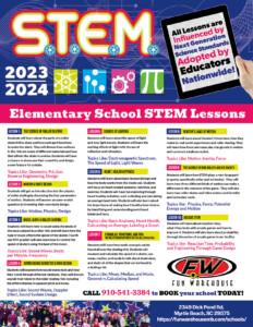 2023-2024 STEM program flyer detailing various lessons, adhering to NGSS, with booking information for Fun Warehouse.