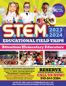 Flyer for 2023-2024 Fun Warehouse STEM field trips, emphasizing educational activities and fitness, with contact details for booking.