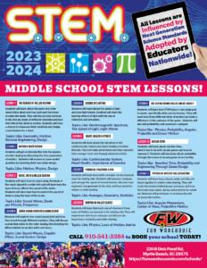 2023-2024 STEM program flyer with lesson details for middle schools, following Next Generation Science Standards at Fun Warehouse.