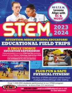 Promotional flyer for middle school STEM field trips at Fun Warehouse, highlighting educational activities and physical fitness.