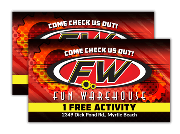 Image of 2 card passes for Fun Warehouse offering 1 free activity with the address, featuring a bold "FW" logo on a fiery red and black background.