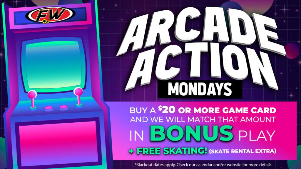 Bright neon arcade game with Fun Warehouse Logo. Says Arcade Action Mondays with retro 80s background. Bright pinks, purples and teal